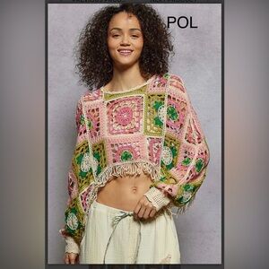 BP219-2🌸POL pretty Crochet Crop sweater - Pink and Green on trend fringe!